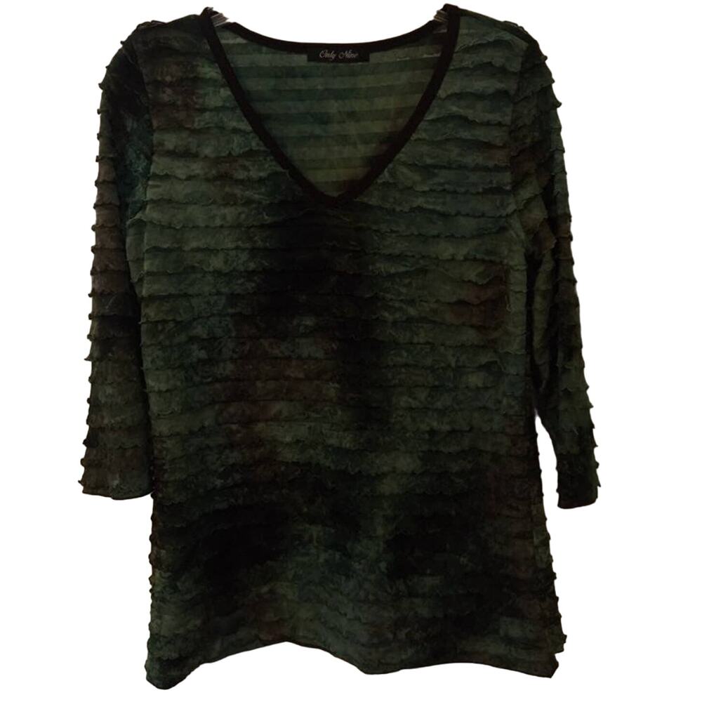 Only Nine Women's Large Ruffled V Neck 3/4 Sleeves Green & Brown Top